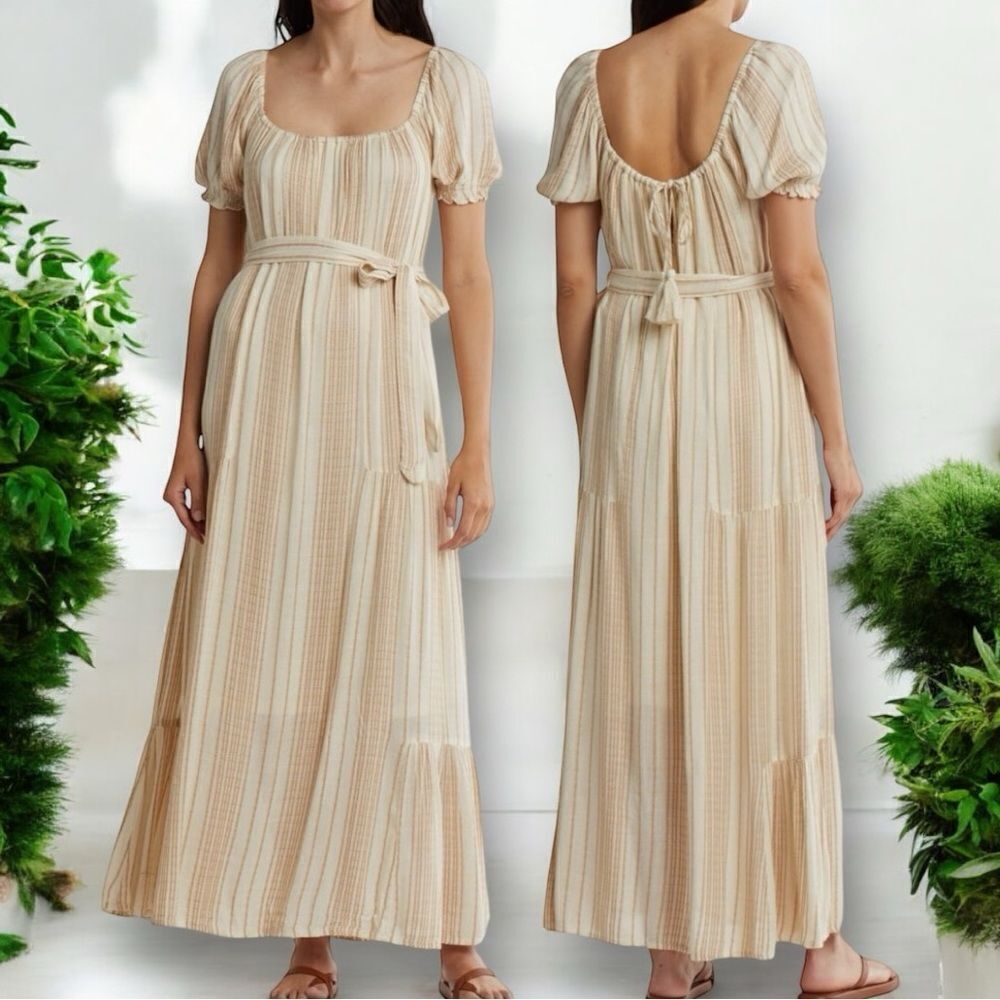 LOVESTITCH Women’s Stripe Puff Sleeves Maxi Dress in Size Large in Natural/Tan